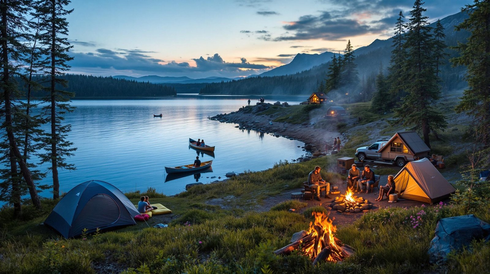 Scène de camping réaliste au Québec en soirée, au bord d’un lac avec canoës, tentes, feu de camp, forêt de conifères et montagnes en arrière-plan, ambiance conviviale et naturelle – idéale pour un guide des meilleurs campings au Québec en 2025.